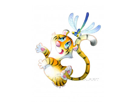 Tirage d'art : Le tigre et la libellule bleue, Caroline HESNARD